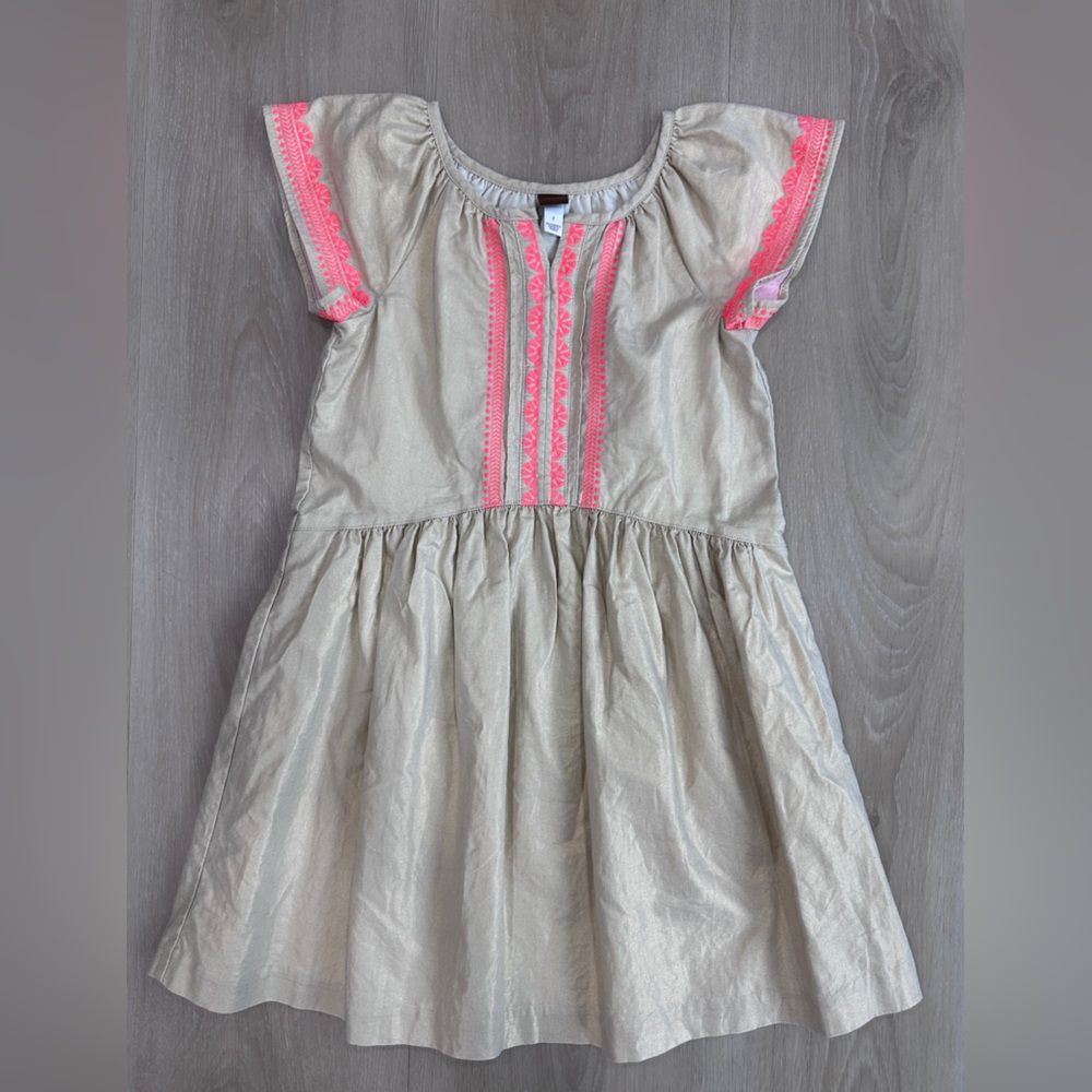 Tea Collection Gold Shimmer Embroidered Girl's Dress, Size 7